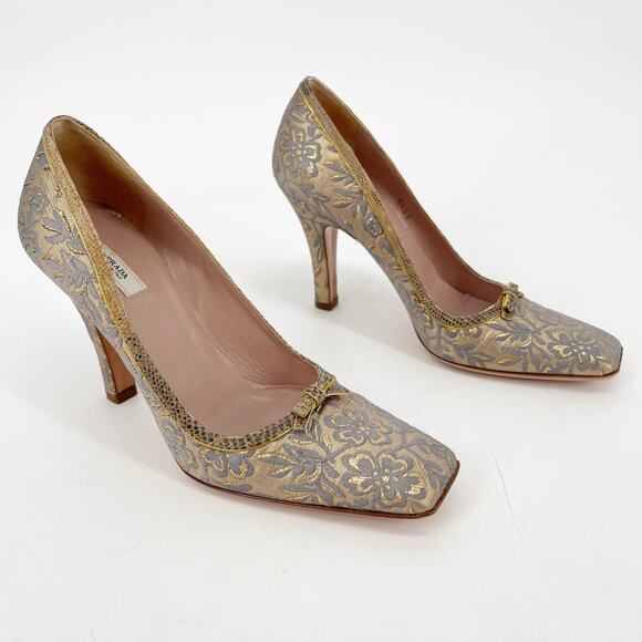 Prada Vintage Gold Floral Brocade Snakeskin Trim Bow Square Toe Heel IT 36.5 - Picture 2 of 11